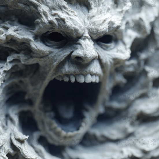 An eroded face with a screaming, open mouth and black eyes in a menacing style, AI generated, AI generated