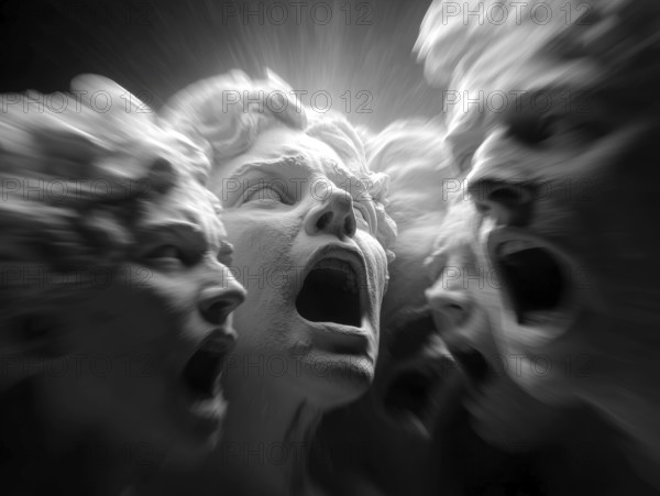 Several dramatically illuminated ancient sculpture faces with screaming, open mouths, AI generated, AI generated