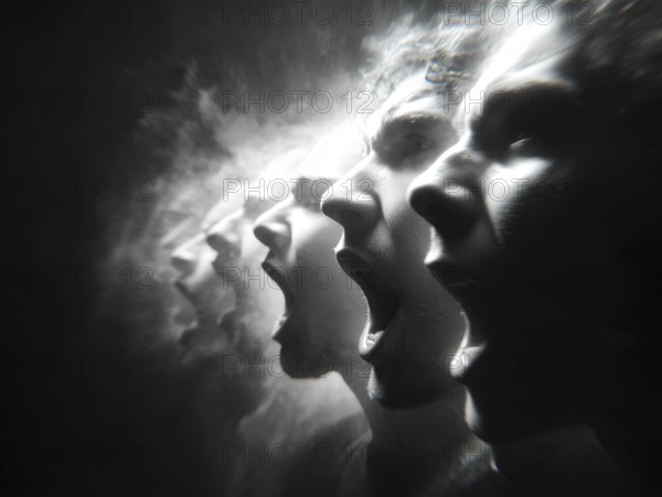 Multiple screaming faces in motion blur showing intensity and dynamics, AI generated, AI generated