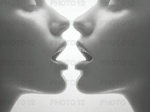 Two faces with slightly open mouths create a harmonious, calm atmosphere and a feeling of intimacy, AI generated, AI generated
