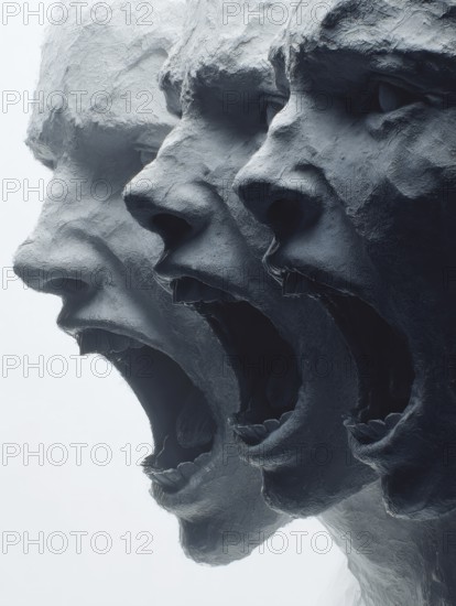 Three screaming plaster faces with dramatic expressions in monochrome style, AI generated, AI generated