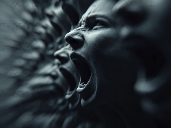 Multiple faces with screaming, open mouths showing drama in dark light, AI generated, AI generated