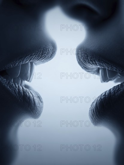 Symmetrical arrangement of two pairs of lips coming close together creates a feeling of intimacy, AI generated, AI generated