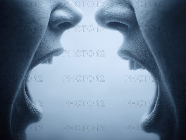 Two open mouths stand close to each other, shouting at each other and creating a tense atmosphere, AI generated, AI generated