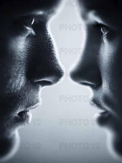 Two faces in intense close-up, holding tense eye contact, create a feeling of intimacy, AI generated, AI generated