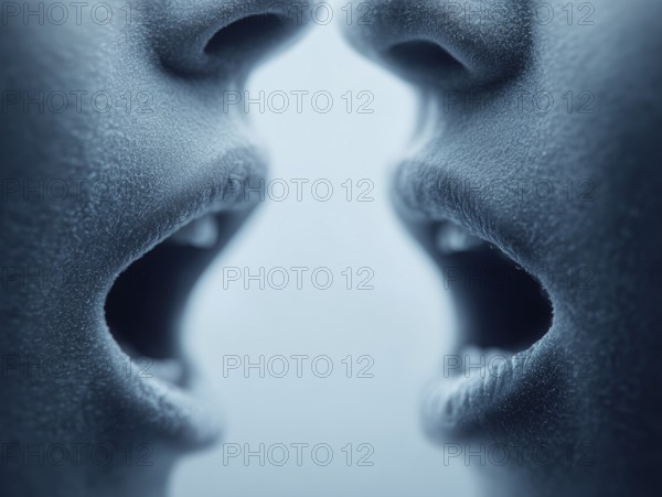 Close-up of two faces with slightly open mouths, creating a sense of intimacy, AI generated, AI generated