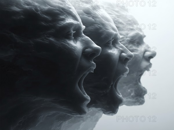 Three screaming, marble faces in dynamic sequence with intense expressions, AI generated, AI generated