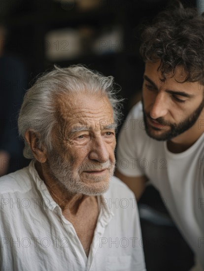 A young carer lovingly looks after a senior in an old people's home, nursing home, symbolic image for care for the elderly, need for care, need for protection, nursing home, nursing staff, care, care for the elderly, dementia, Alzheimer's, loneliness, isolation, loss, old age, AI generated