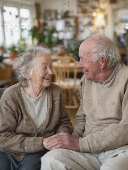 An elderly couple sitting together and smiling at each other in a retirement home, symbolic image for elderly care, need for care, need for protection, nursing home, nursing staff, care, elderly care, dementia, Alzheimer's, loneliness, isolation, loss, old age, AI generated