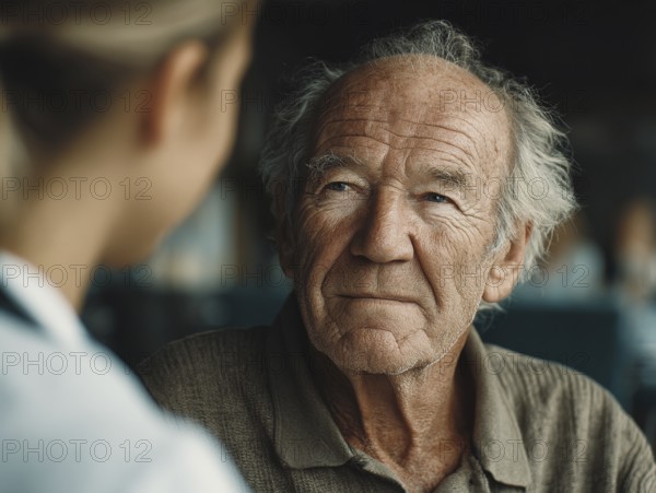 A young carer lovingly looks after a senior in a retirement home, nursing home, symbolic image for elderly care, need for care, need for protection, nursing home, nursing staff, care, care for the elderly, dementia, Alzheimer's, loneliness, isolation, loss, old age, AI generated