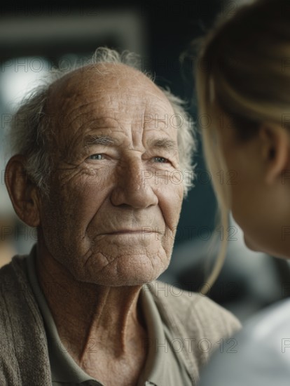 A young carer lovingly looks after a senior in a retirement home, nursing home, symbolic image for elderly care, need for care, need for protection, nursing home, nursing staff, care, care for the elderly, dementia, Alzheimer's, loneliness, isolation, loss, old age, AI generated