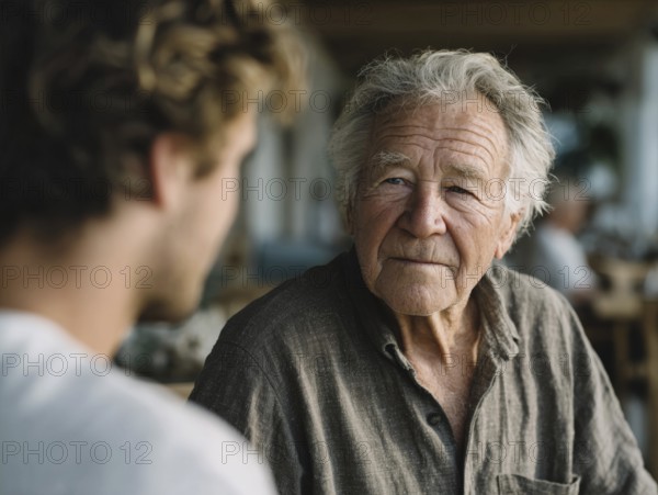 A young carer lovingly looks after a senior in an old people's home, nursing home, symbolic image for care for the elderly, need for care, need for protection, nursing home, nursing staff, care, care for the elderly, dementia, Alzheimer's, loneliness, isolation, loss, old age, AI generated
