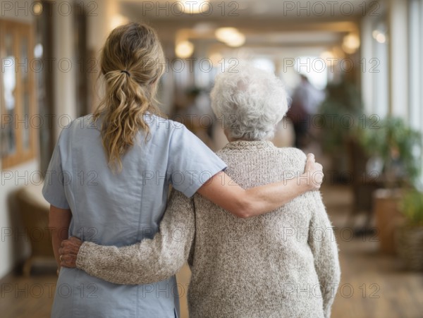 A carer assists an elderly woman walking along a bright corridor in a retirement home, nursing home, AI generated