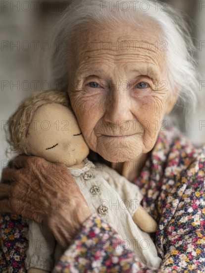 An elderly woman lovingly holds a doll in her arms, which radiates an emotional connection and calm, symbolic image for geriatric care, need for care, need for protection, nursing home, nursing staff, care, geriatric care, dementia, Alzheimer's, loneliness, isolation, loss, old age, AI generated