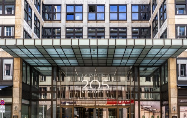 Main entrance to commercial property, partially vacant Shopping Quartier 205 on Friedrichstrasse and Mohrenstrasse, Berlin, Germany
