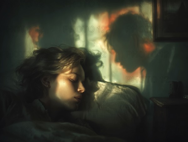 Sleeping woman with mystical shadow silhouettes in the background, symbolic image for sleep, event management, dream, mental activity during sleep, AI generated, AI generated