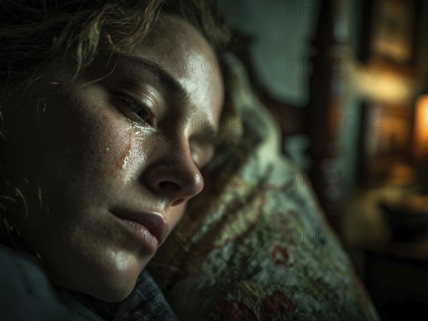 Young woman lying in bed, a tear on her cheek, looks sad and thoughtful, illuminated from the darkness, symbolising loneliness, lovesickness, depression, AI generated, AI generated