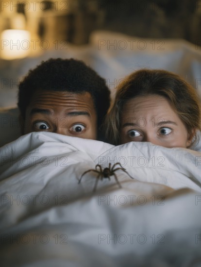 Two people in bed looking frightened at a spider crawling across the bedspread, symbolic image for spider fear, arachnophobia, AI generated, AI generated