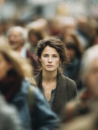 A woman stands in the middle of a crowd, symbolising mental health, stress in the big city, loneliness, social isolation, personal development, AI generated, AI generated