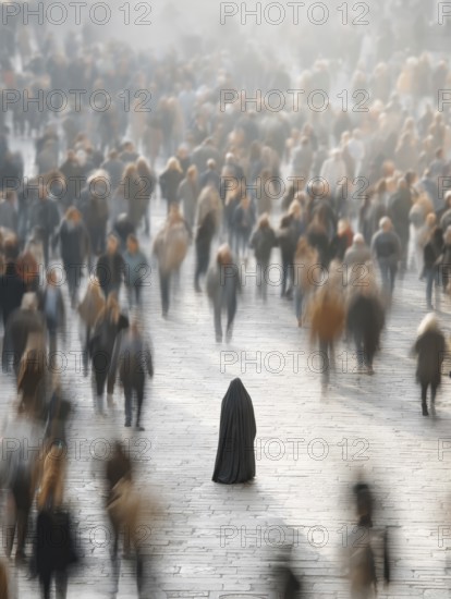 A veiled woman stands in the middle of a crowd, symbolising mental health, stress in the big city, loneliness, being different, integration, social isolation, personal development, AI generated, AI generated