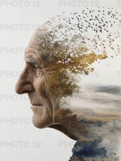 Double exposure of an elderly man and decaying parts of a landscape, symbolic image for memory loss, loss of identity, dementia, Alzheimer's, thoughtfulness, mental health, loss, ageing, fragility, old age depression, depression, AI generated