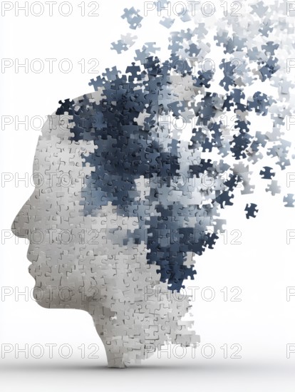 Illustration, graphic of a face made of puzzle pieces that spread out, symbolic image for dementia, Alzheimer's, loss of cognitive emotional and social skills, personality decline, AI generated