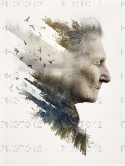 Double exposure of an elderly woman and decaying parts of a landscape, symbolic image for memory loss, loss of identity, dementia, Alzheimer's, thoughtfulness, mental health, loss, ageing, fragility, old age depression, depression, AI generated