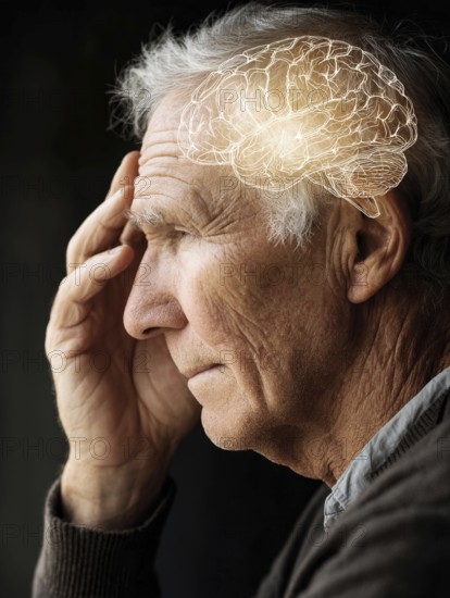 Elderly man with memory loss, digital brain overlay, symbolic image for neurological disease, dementia, Alzheimer's, migraine, mental health in old age, AI generated