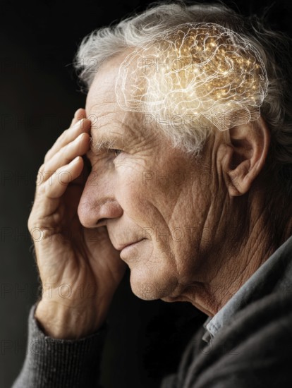 An older man in profile view holds his hand to his head, an illustration of a brain lights up, AI generated