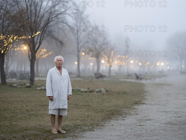 An elderly man in pyjamas stands in a cold, wintry environment, looking confused, helpless and disorientated, symbolising dementia, Alzheimer's, AI generated