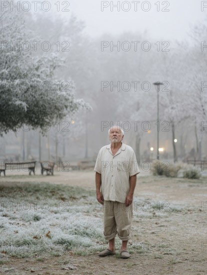 An elderly man in pyjamas stands in a cold, wintry environment, looking confused, helpless and disorientated, symbolising dementia, Alzheimer's, AI generated