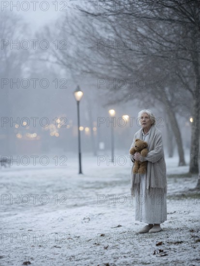 An elderly woman in a nightgown stands with her teddy bear in a cold, wintry environment, looking confused, helpless and disorientated, symbolising dementia, Alzheimer's, AI generated