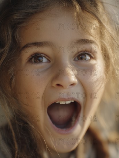 Child with astonished wide eyes and open mouth, looks surprised and cheerful, AI generated