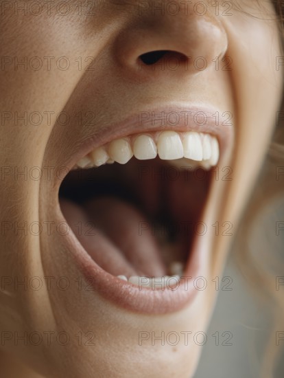Close-up of a laughing, open mouth with visible teeth, expression of joy, AI generated