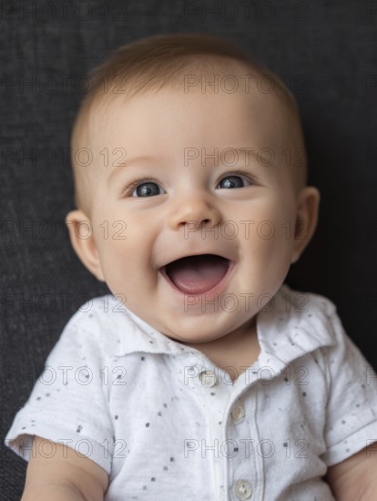 Happy baby looking at the camera with bright eyes and a big smile, AI generated