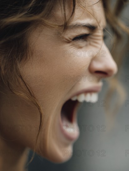 Side close-up of a strongly reacting person, energetic and expressive, AI generated
