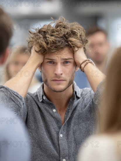 A young man with his hands to his ears, annoyed by an argument or noise in the background, symbolising noise, conflict, argument, bullying, annoyance, excessive demands, harassment in the office, AI generated