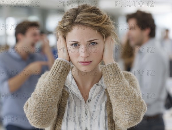 A young woman with her hands to her ears, annoyed by an argument or noise in the background, symbolising noise, conflict, argument, bullying, annoyance, excessive demands, harassment in the office, AI generated
