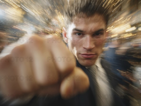 A man shows an outstretched fist to the camera while the background blurs into motion, symbolic image for physical altercation in public, use of force, physical violence, act of violence, aggressive behaviour, brawl, AI generated