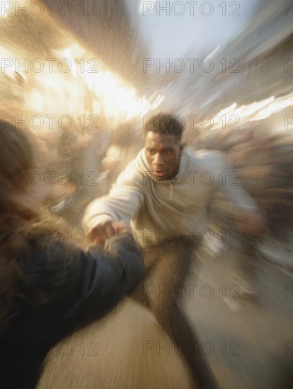 A man gets into a fighting stance, surrounded by dynamic movement and a background filled with lights, symbolic image for physical confrontation in public, use of force, physical violence, act of violence, aggressive behaviour, brawl, AI generated