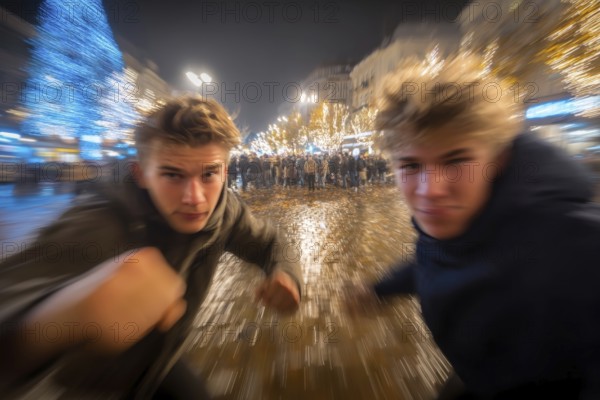 Two men in fighting pose on a rainy street at night, surrounded by lights, symbolic image for physical altercation among youths, use of force, physical violence, act of violence, aggressive behaviour, brawl, AI generated