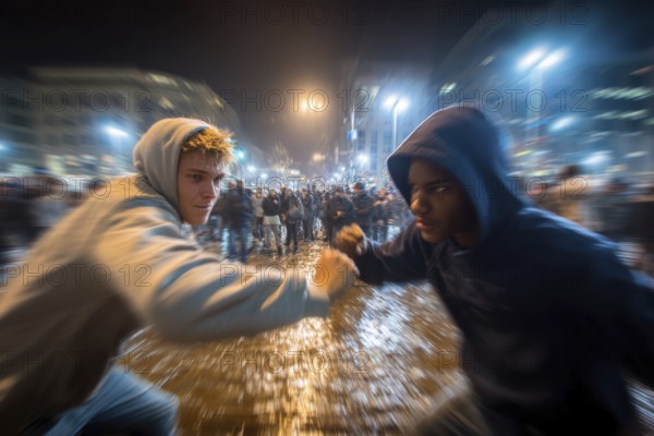 Two men in hoodies are facing each other fighting on a rainy street, while a crowd of people can be seen in the background, symbolic image for physical altercation among youths, use of force, physical violence, act of violence, aggressive behaviour, brawl, AI generated