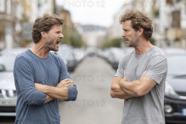 Two angry men arguing in the street, possibly triggered by a road traffic incident, symbolic image for aggressive behaviour in road traffic, AI generated