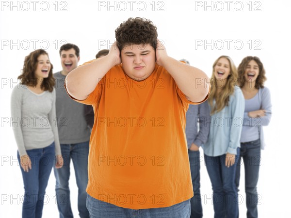 A sad boy in the foreground covers his ears while a group of teenagers laugh at him in the background, The image vividly conveys the sense of shame, isolation and psychological distress associated with bullying and prejudice against obesity, AI generated