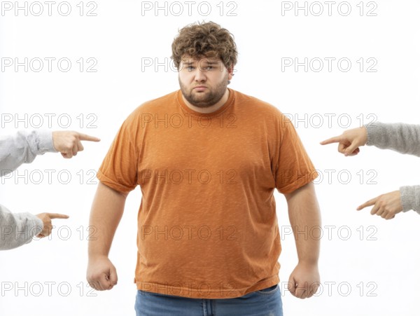 Overweight boy being judged by pointing fingers, symbolising fatshaming, bullying, judgement and discrimination based on his body weight. The image powerfully conveys the sense of shame, isolation and psychological distress associated with bullying and prejudice against obesity, AI generated