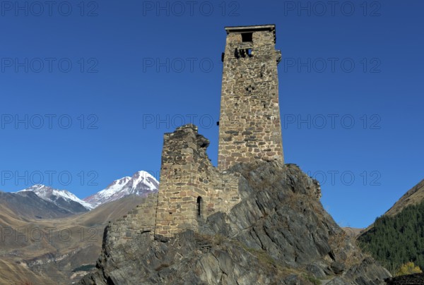 Defence defence tower of the medieval fortress of Sno, also known as Gudushauri Castle, mountain village of Sno, Kazbegi municipality in the Mtskheta-Mtianeti region, Georgia