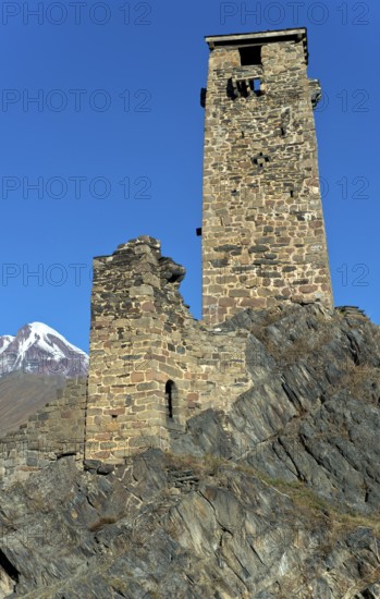 Defence defence tower of the medieval fortress of Sno, also known as Gudushauri Castle, mountain village of Sno, Kazbegi municipality in the Mtskheta-Mtianeti region, Georgia