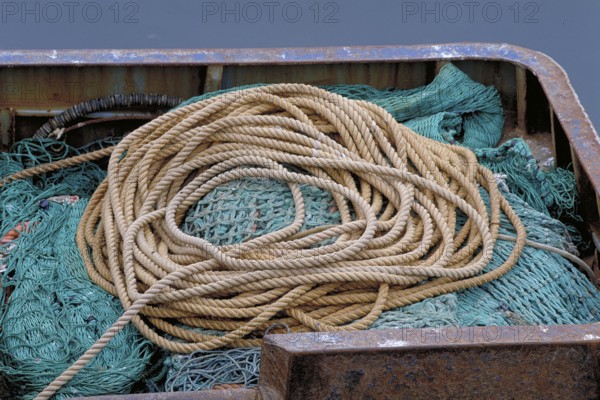 Rope and nets in a fishing boat, England, Great Britain
