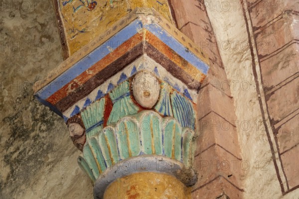 Compains, carved capital, Saint Georges church, Auvergne Volcanoes Regional Park, Cezallier region, Puy de Dome, Auvergne Rhone Alpes, France