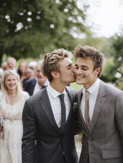 A male couple in a suit, one kissing the other on the cheek, surrounded by guests outdoors, symbolising same-sex marriage, love, LGBTQ, AI generated, AI generated